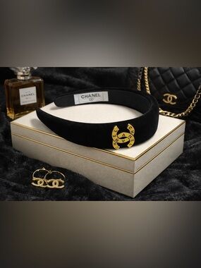 CHANEL Black Velvet Headband with Gold Logo Accent
